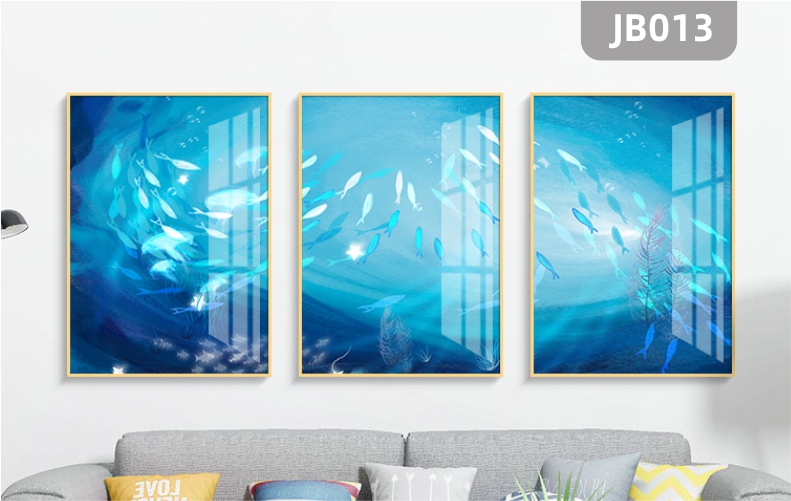 现代简约抽象鱼水中游新中式客厅沙发背景墙三联装饰画挂画晶瓷画