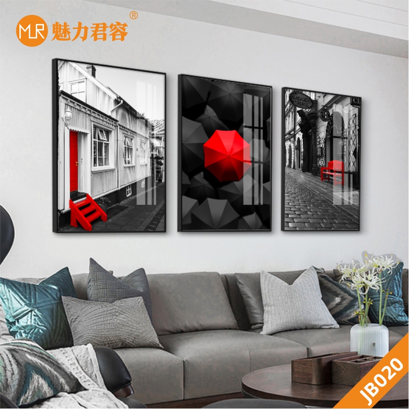 摩登城市系列黑白红艺术街头房屋风景个性装饰画风景墙壁画三联挂画