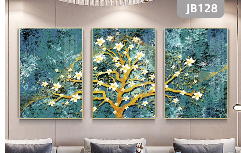欧式手绘现代简约三联金叶树装饰画轻奢客厅沙发背景墙壁画卧室挂画