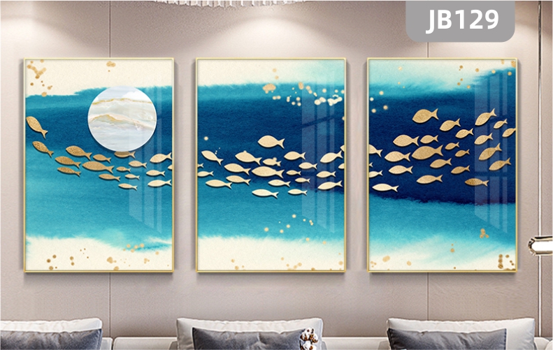 简约客厅沙发背景墙装饰画蓝色的鱼群年年有鱼流水生财三联组合挂画