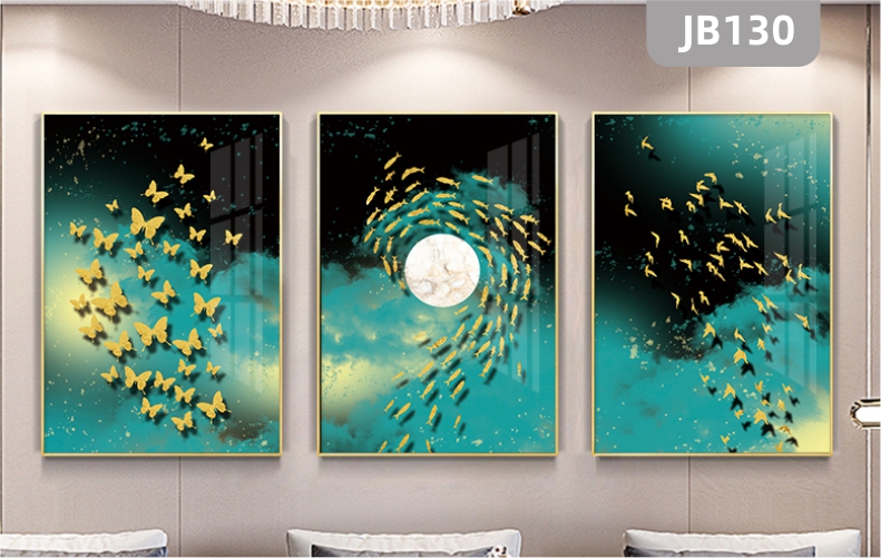 星空意境鱼蝴蝶客厅沙发背景墙装饰画现代简约晶瓷画鱼群三联挂画