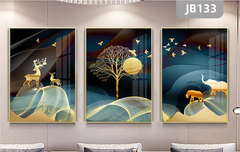 现代简约金色线条装饰画大象鹿飞鸟树木组合晶瓷画客厅沙发背景墙三联挂画