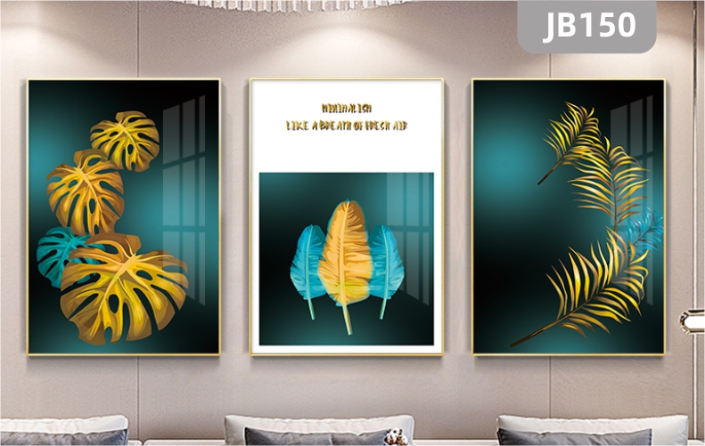 轻奢植物装饰画晶瓷画金色蓝色芭蕉叶子羽毛北欧简约客厅三联挂画