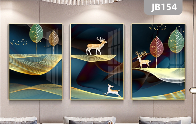 北欧风格客厅沙发背景墙装饰画植物餐厅壁画叶子麋鹿三联挂画晶瓷画