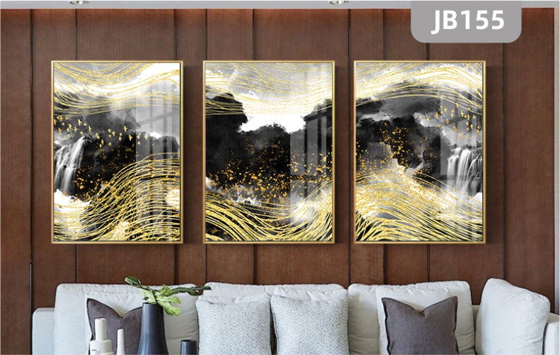 北欧现代抽象艺术线条金色飞鸟装饰画客厅挂画沙发背景墙三联壁画