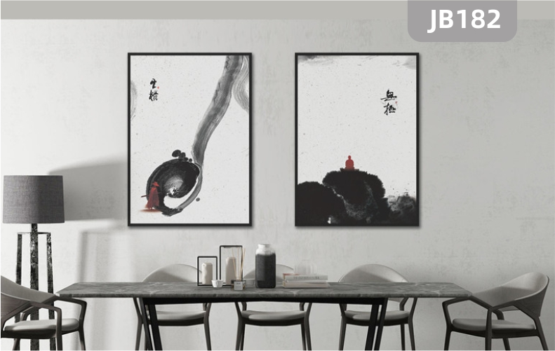 定制新中式水墨手绘装饰画餐厅样板房禅意茶室抽象无极挂画两联壁画