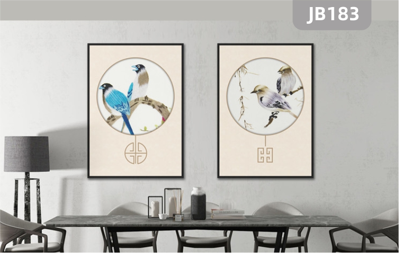定制手绘现代简约抽象喜鹊花卉挂画北欧风格客厅餐厅两联装饰画壁画 