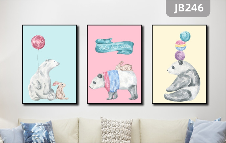定制北欧手绘呆萌卡通小动物装饰画熊猫北极熊兔子儿童房客厅三联挂画