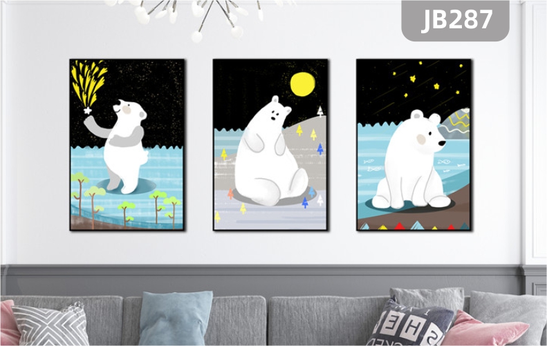 北极熊北欧风格装饰画沙发背景墙画客厅三联挂画卧室床头壁画夜晚星空
