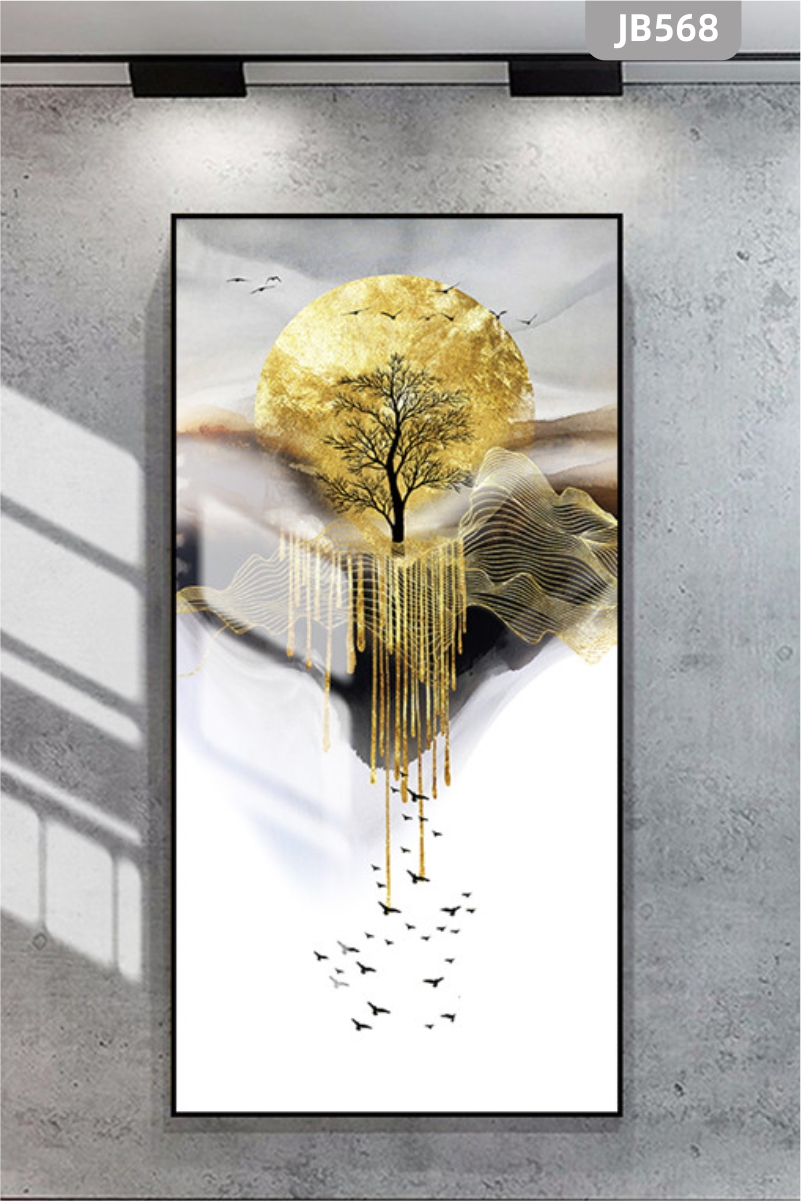 新中式抽象线条金色发财树玄关装饰画客厅背景墙壁画沙发背景墙挂画