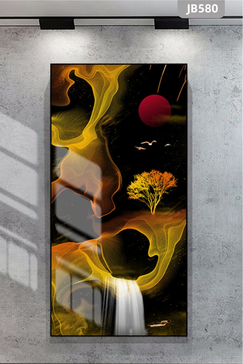 新中式现代发财树飞鸟客厅晶瓷装饰画玄关轻奢金色线条挂画沙发背景挂画