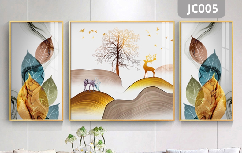 家居金色山水风景发财树叶子麋鹿现代简约客厅沙发背景墙三联挂画