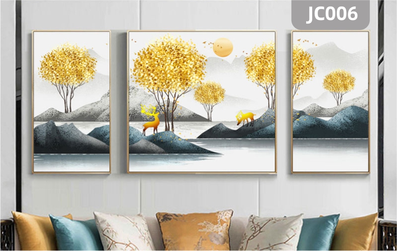 家居新中式水墨山水风景金色发财树客厅装饰画沙发背景墙装饰挂画