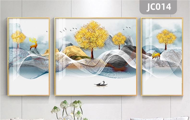 现代抽象金色山水风景创意现代简约客厅装饰画书房卧室床头三联挂画