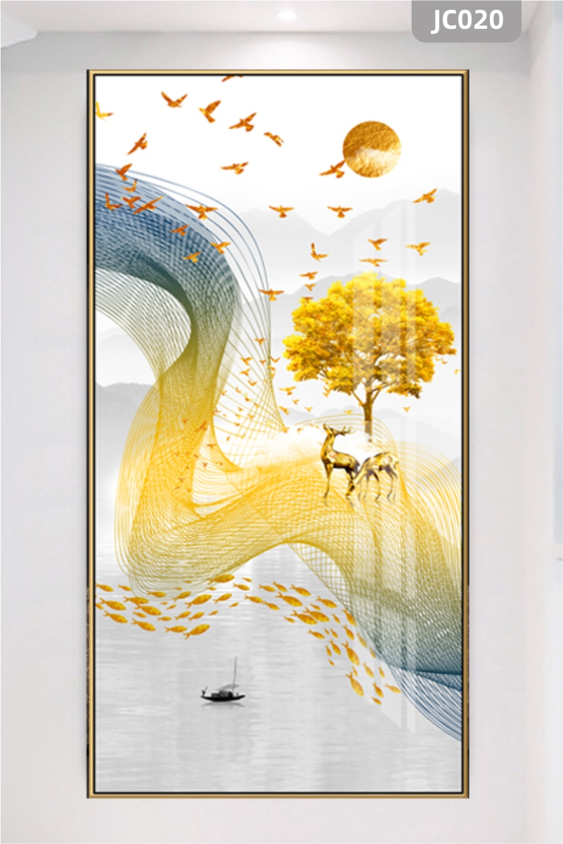新中式现代抽象金色线条麋鹿飞鸟玄关装饰画客厅沙发背景墙装饰挂画