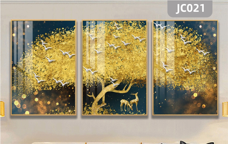 轻奢发财树发财鹿金色晶瓷画装饰画手绘立体客厅沙发背景墙三联挂画
