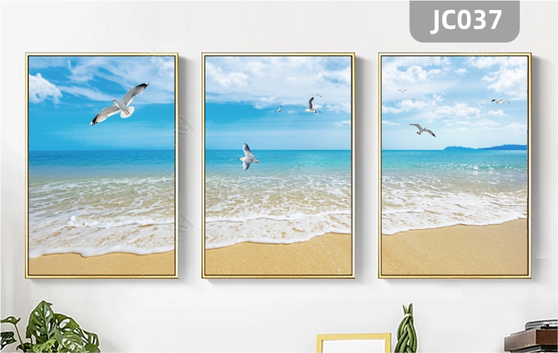 海边蓝天白云沙滩风景海鸥无框画装饰画客厅装饰画沙发背景墙三联挂画