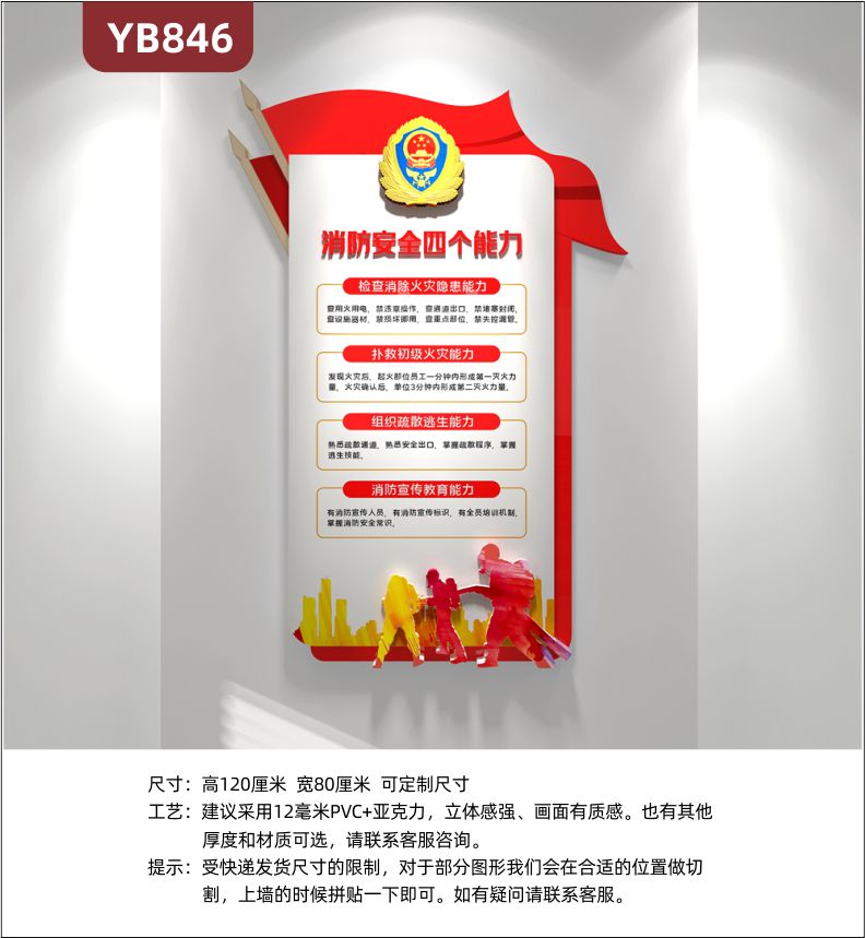 消防安全四个能力简介展示墙走廊中国红火灾应急火场逃生组合装饰墙